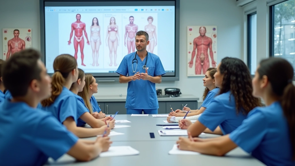 Professional healthcare classroom with diverse students taking notes during an instructor-led nursing lecture with anatomical