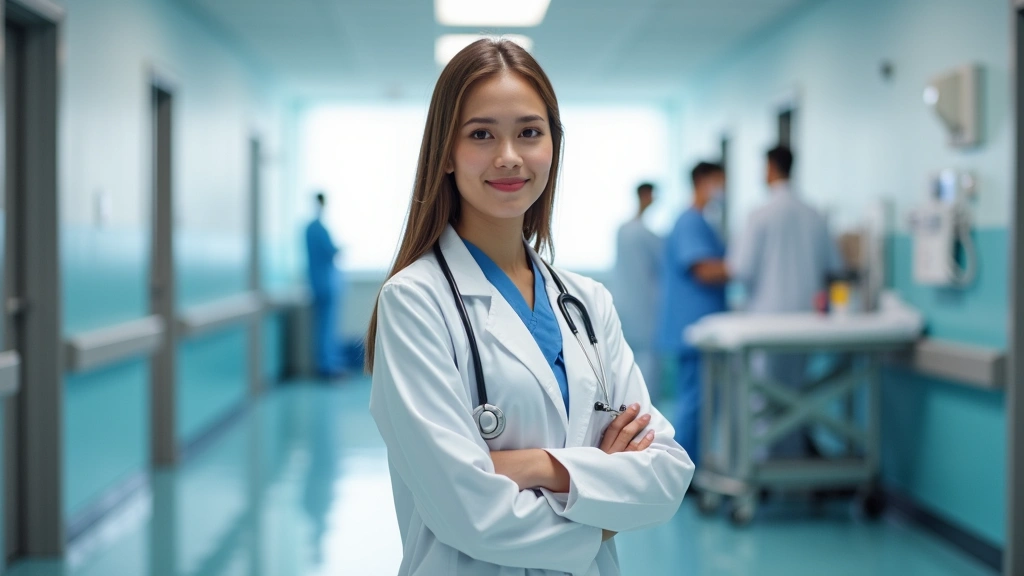Young graduate nurse in white coat standing confidently in a modern hospital hallway with medical staff and equipment in back