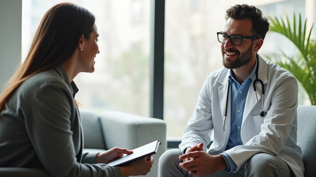 Professional therapist conducting individual counseling session with young adult patient in modern clinical office setting, compassionate healthcare environment