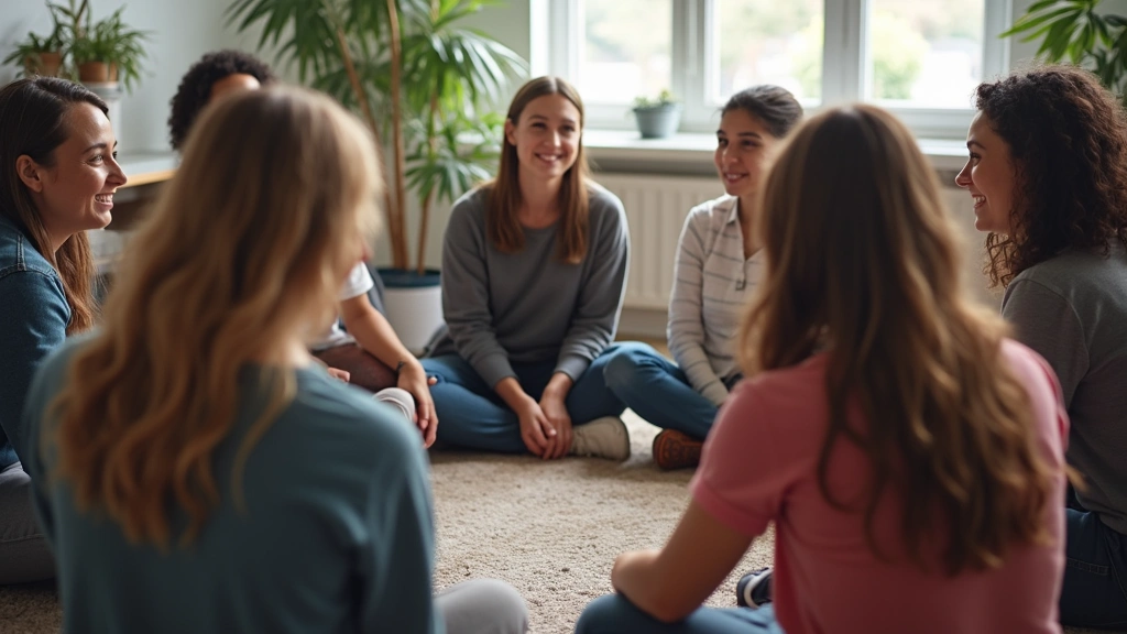 Group therapy session with diverse adolescents sitting in circle during behavioral health treatment program, supportive recov