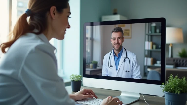 Healthcare provider conducting professional telehealth video consultation with patient on computer screen, modern medical office background, focused engagement and communication