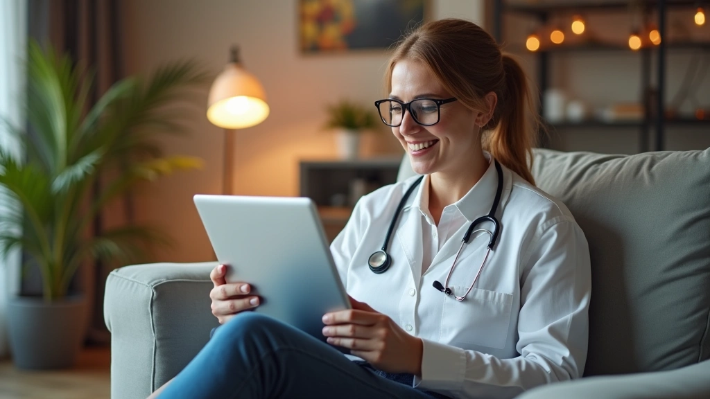 Patient sitting at home during virtual healthcare appointment, taking notes, engaged and satisfied expression, comfortable ho