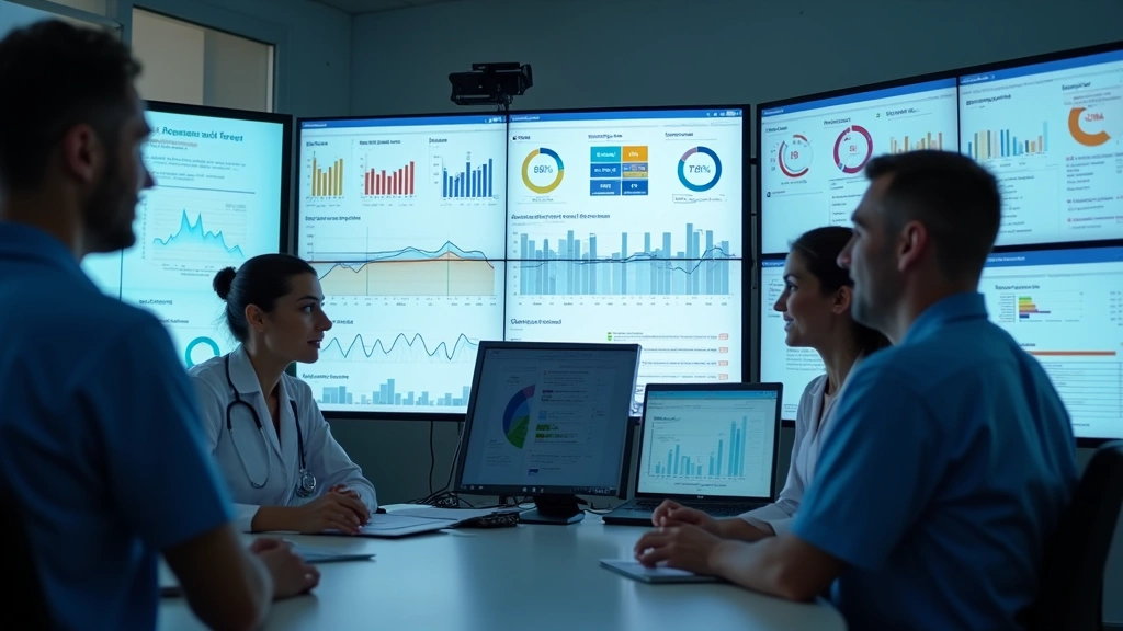Healthcare team reviewing digital analytics dashboard displaying session health metrics, appointment quality scores, and pati