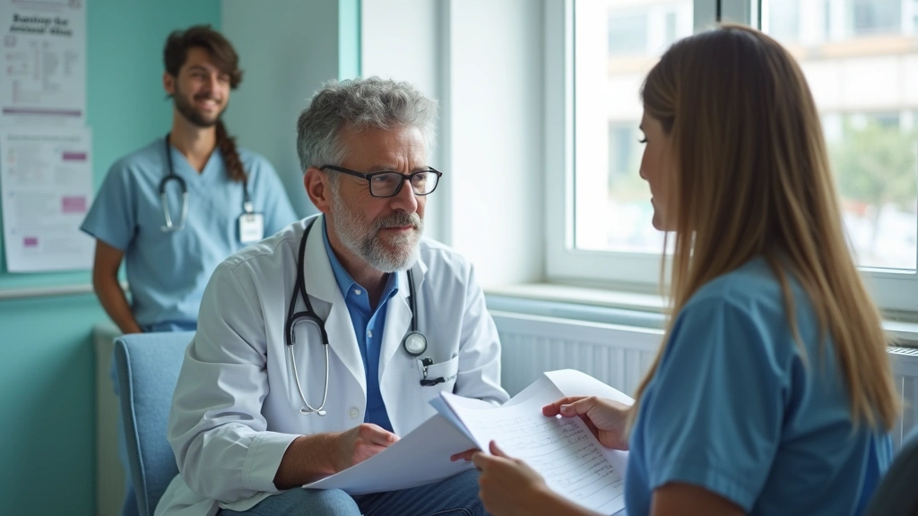 Mental health professional conducting intake assessment with patient in hospital consultation room, medical charts visible, c