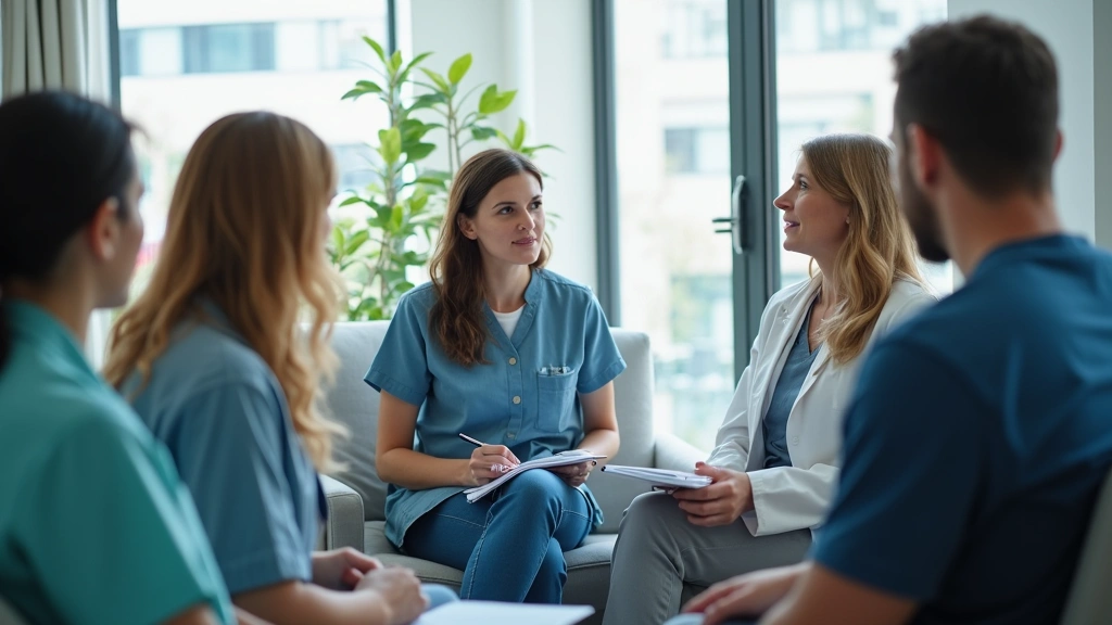 Psychiatric hospital group therapy session with diverse patients and licensed therapist in supportive group setting, comforta