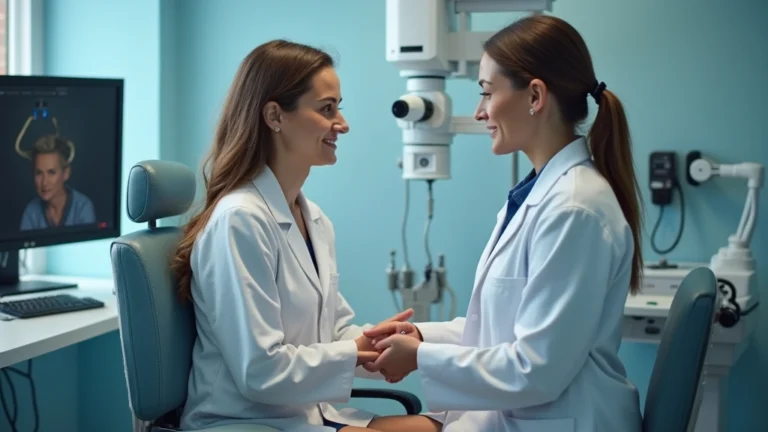 Professional female gynecologist in white coat examining patient in modern clinical examination room with medical equipment, warm professional lighting