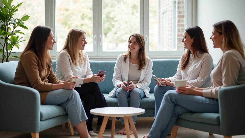 Diverse group of women in comfortable waiting room at womens health clinic, modern interior design, natural lighting, profess