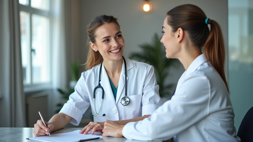 Female healthcare provider and patient discussing medical records at desk in private consultation room, friendly professional
