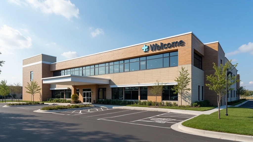 Modern healthcare facility exterior with welcoming entrance, clear signage, accessible parking area, professional medical cam