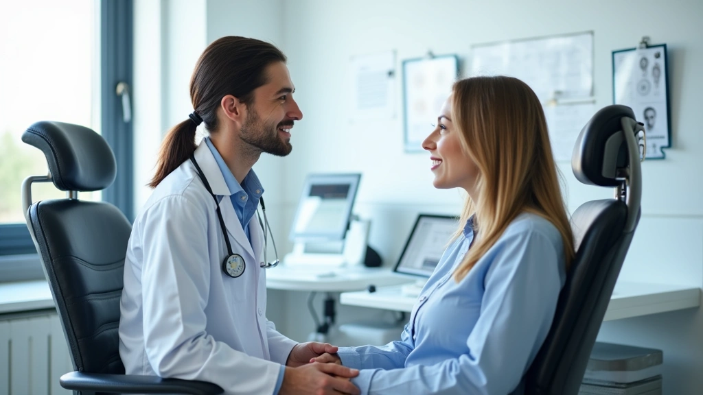 Healthcare provider in white coat consulting with patient in bright clinical examination room, professional medical setting w