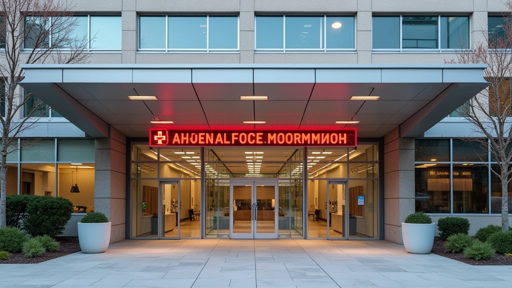 Hospital emergency department entrance with ambulance bay, clear signage, professional healthcare facility architecture at da