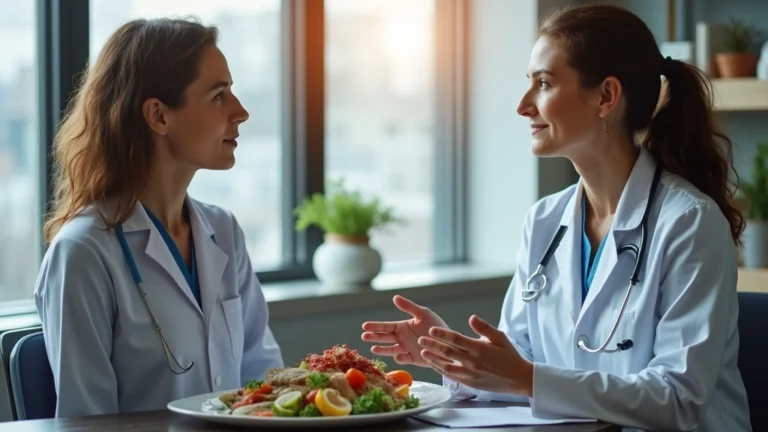 Professional healthcare consultation setting with doctor explaining heart health benefits of seafood nutrition to patient, modern medical office background, warm lighting, no text visible
