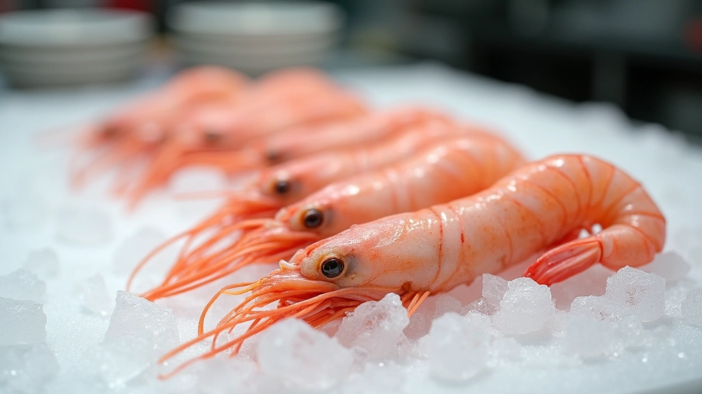 Fresh raw shrimp on ice in professional culinary kitchen setting, natural lighting highlighting pink color and texture, clean