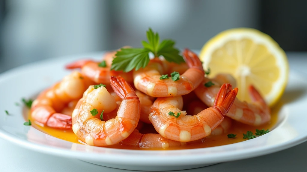 Close-up of cooked grilled shrimp on white plate with fresh lemon and herbs, professional food photography style, bright natu