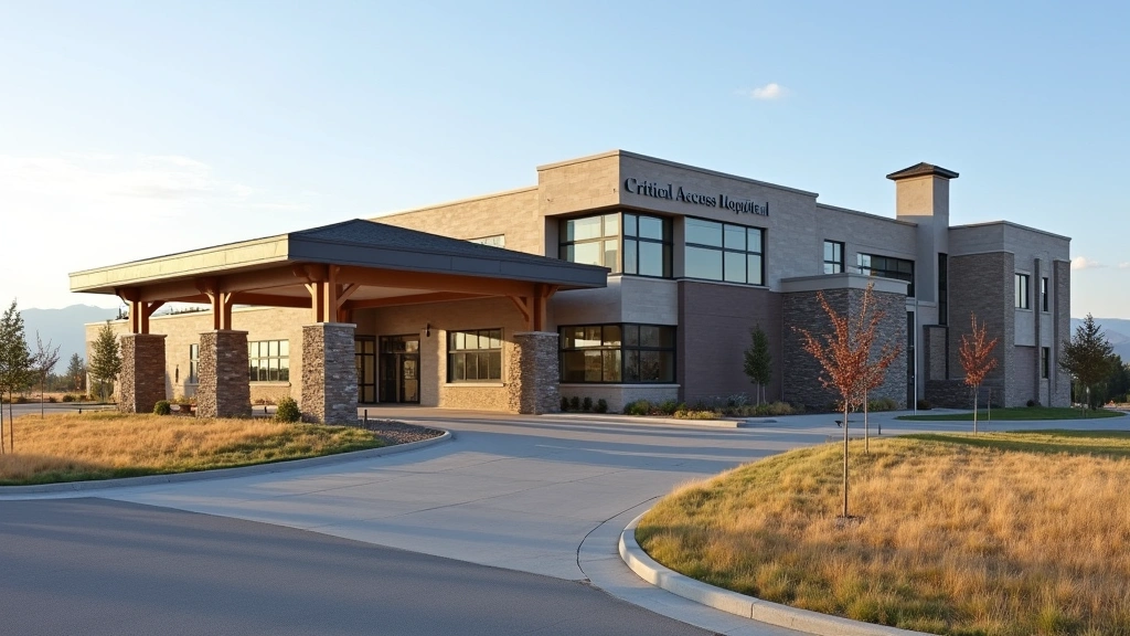 Rural critical access hospital exterior in Montana, professional medical facility building with clear signage, daytime photography, modern healthcare architecture