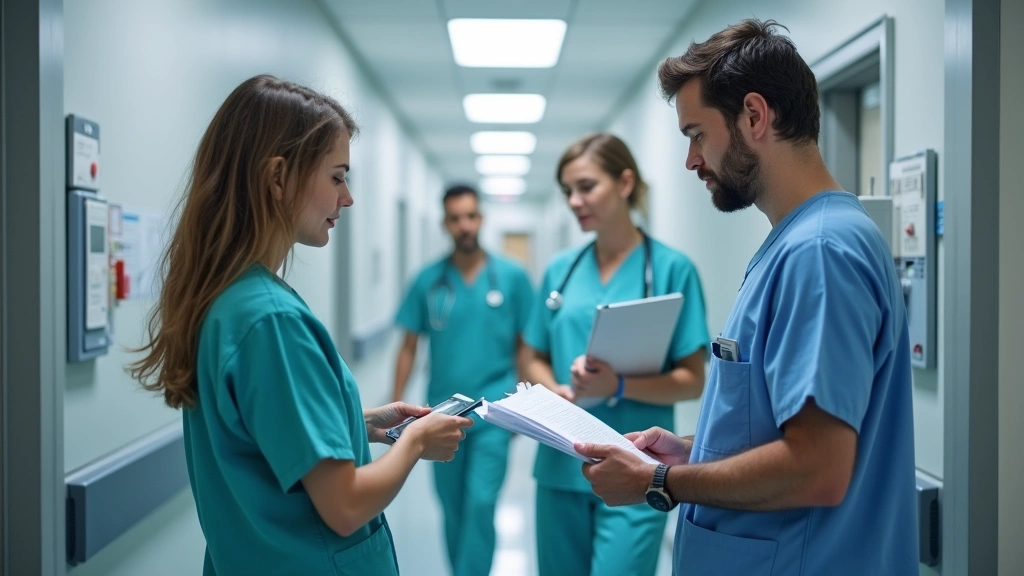 Medical professionals in clinical setting reviewing patient charts, diverse healthcare team in hospital corridor, professiona