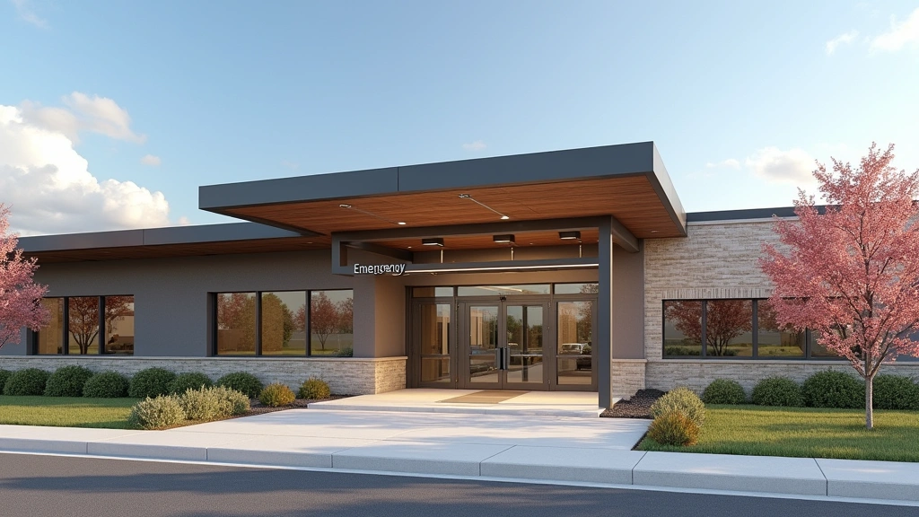 Emergency department entrance of rural hospital, ambulance bay area, professional medical facility exterior, clear signage an