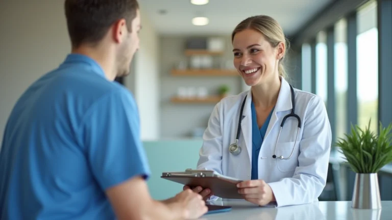 Professional medical clinic receptionist checking in patient at desk with computer and clipboard in modern healthcare facility