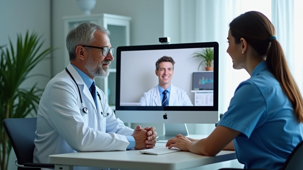 Doctor and patient having virtual telehealth consultation on computer in bright clinical office with medical equipment visibl