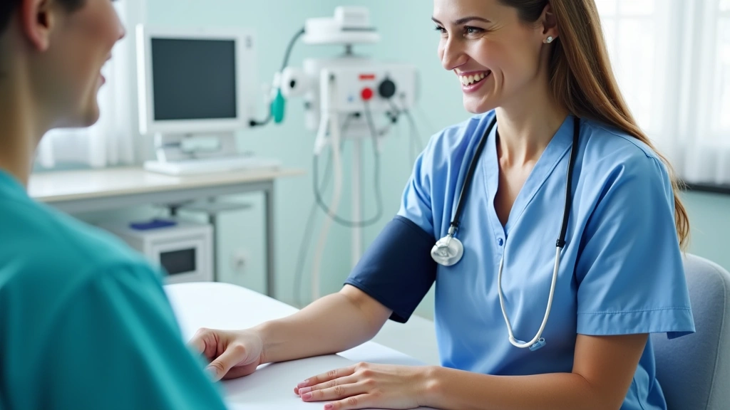 Nurse taking patient vital signs with blood pressure cuff in clean medical examination room with modern equipment