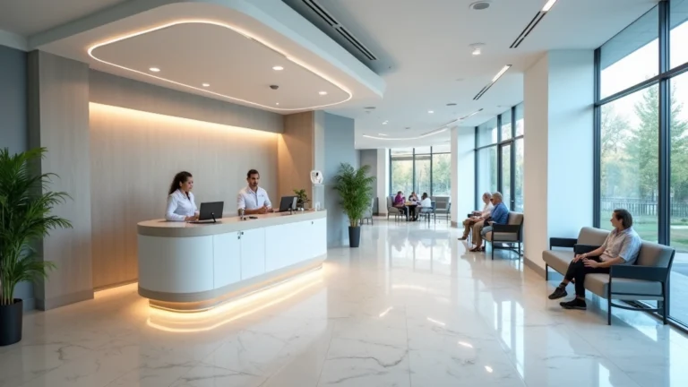 Modern healthcare facility reception area with welcoming staff at desk, bright clean interior, patients in waiting area, professional medical environment
