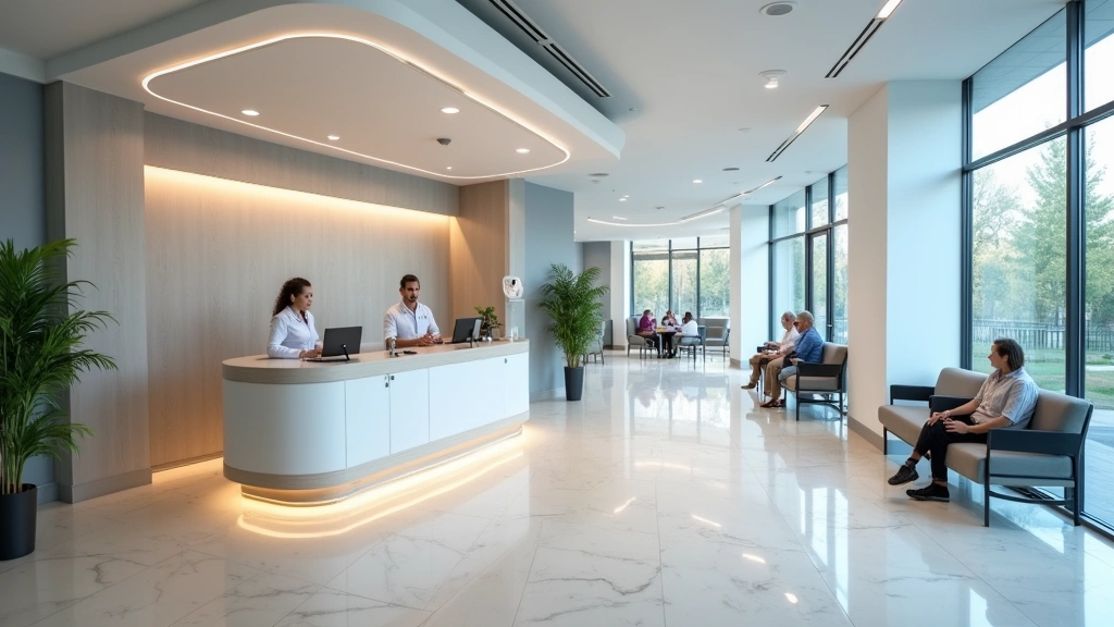 Modern healthcare facility reception area with welcoming staff at desk, bright clean interior, patients in waiting area, professional medical environment