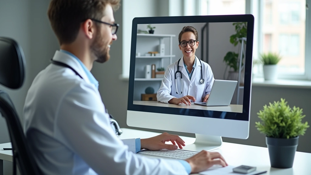 Doctor conducting virtual telehealth visit on computer with patient on screen, modern clinic office setting, professional med