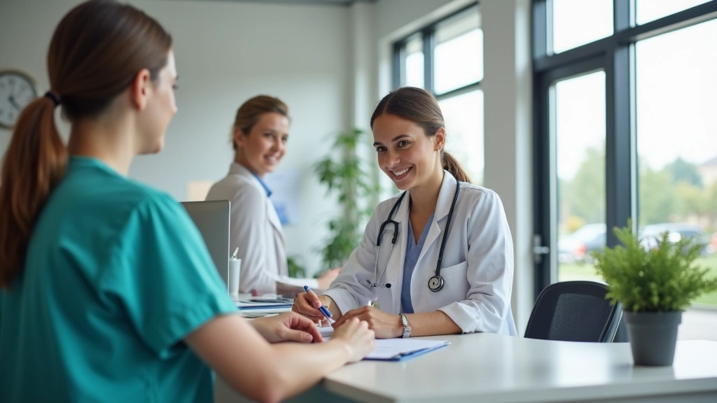Patient scheduling appointment at clinic reception desk, staff member assisting with appointment booking, modern healthcare f