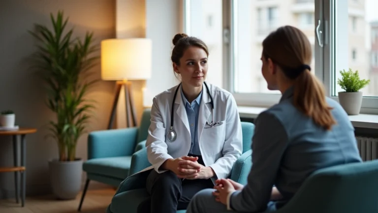 Professional therapist in modern clinical office conducting individual counseling session with patient, warm lighting, confidential healthcare environment
