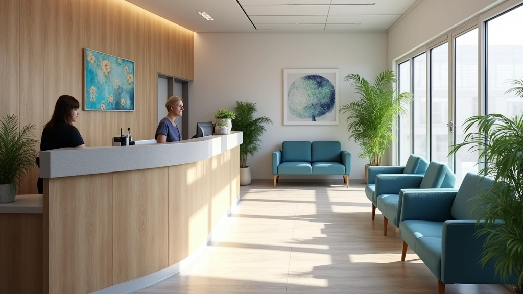 Mental health crisis support center reception area with welcoming staff, comfortable seating, professional medical setting, d