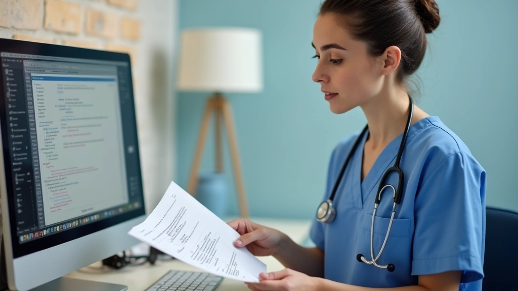 Psychiatric nurse practitioner reviewing patient medical records in clinical office with computer, professional healthcare wo