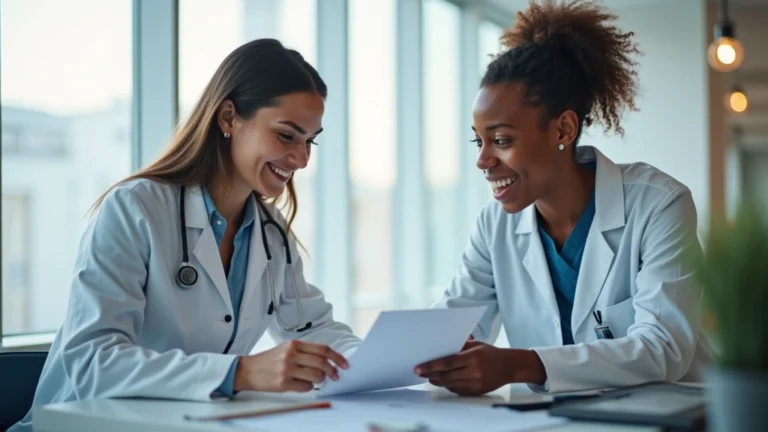 Professional medical consultation room with diverse female doctor and male student patient discussing health records, bright modern healthcare facility, warm lighting, no text
