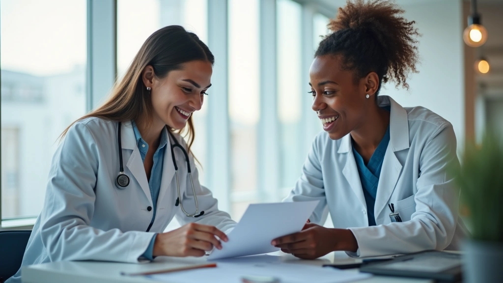Professional medical consultation room with diverse female doctor and male student patient discussing health records, bright