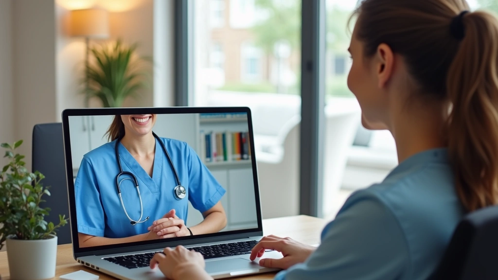 Telehealth appointment screen showing female healthcare provider on video call with student at laptop, home office setting, p