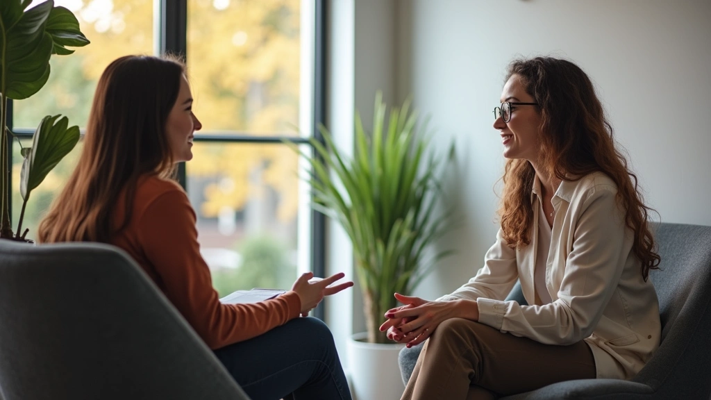 Mental health counseling session with diverse counselor and student in comfortable modern therapy office, warm natural lighti
