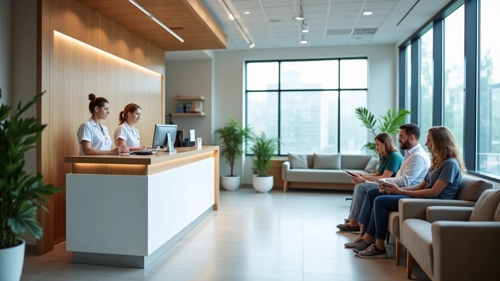 Professional medical clinic reception area with welcoming staff at desk, modern interior design, natural lighting, patients in waiting room reading
