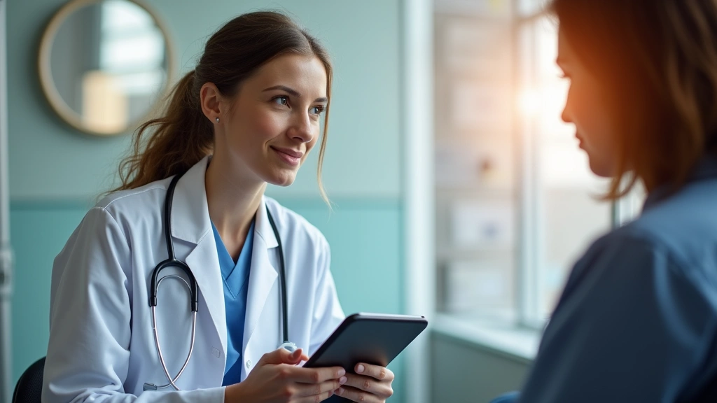 Healthcare provider in white coat consulting with patient in examination room, digital tablet visible, professional medical s