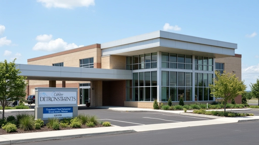 Modern medical facility exterior with accessible parking lot, professional signage, landscaping, clear entrance, daytime phot