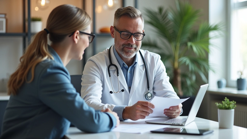 Small business owner reviewing health insurance documents with employee at modern office desk, professional healthcare discus