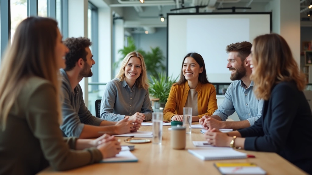 Diverse employees in modern office environment discussing health insurance benefits, collaborative workplace wellness meeting