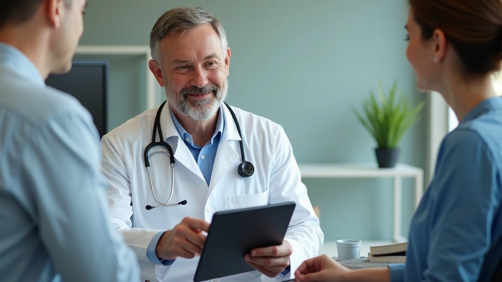 Healthcare professional explaining insurance plan options to small business owner using tablet, professional medical consulta