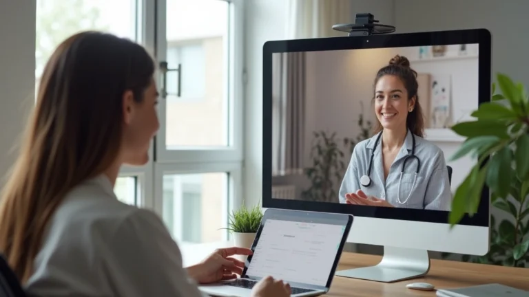 Professional telehealth consultation between therapist and patient on video call in modern clinical office setting
