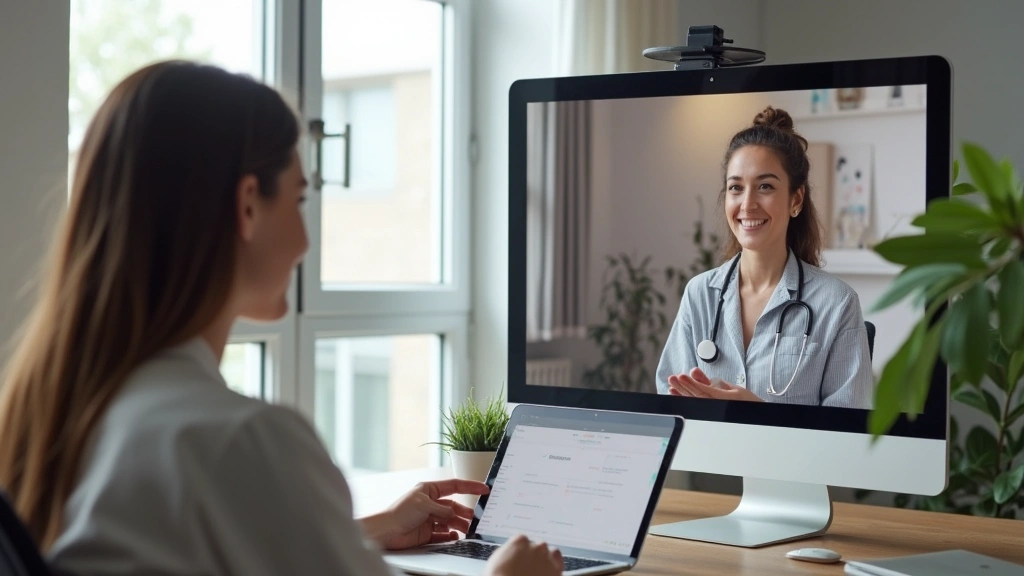 Professional telehealth consultation between therapist and patient on video call in modern clinical office setting