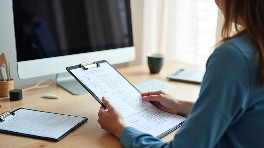 Mental health professional reviewing assessment forms and screening tools at desk with computer and clipboard