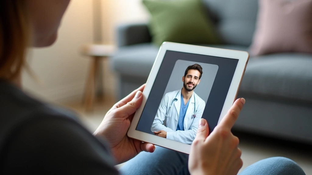 Patient using mental health app on tablet during therapy session in comfortable clinical environment