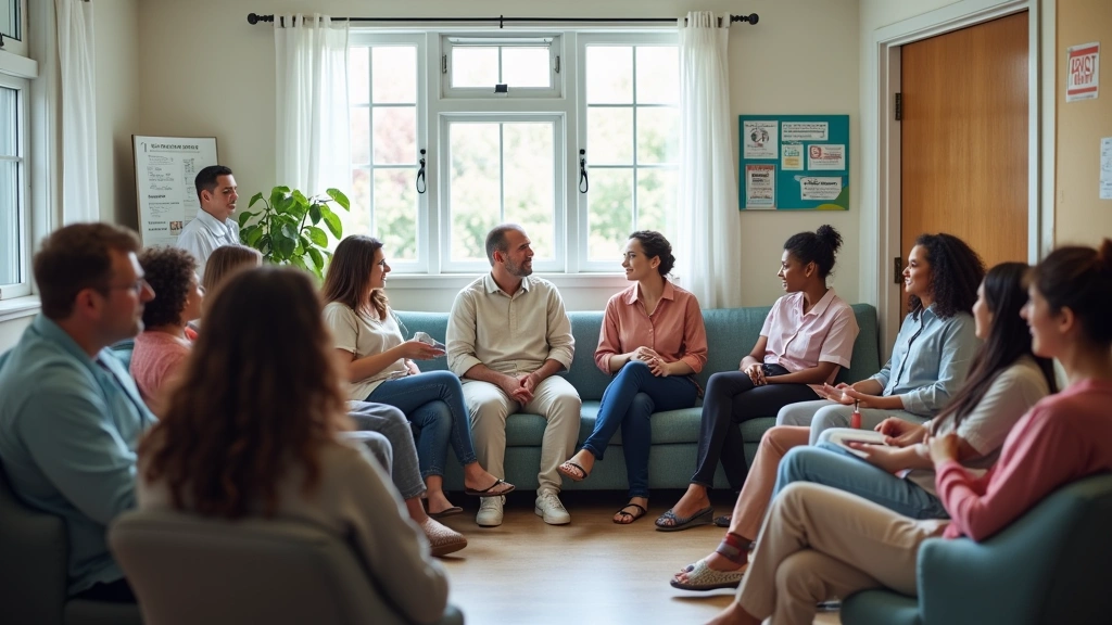 Diverse group of patients in clean, welcoming community health clinic waiting area with comfortable seating and health educat