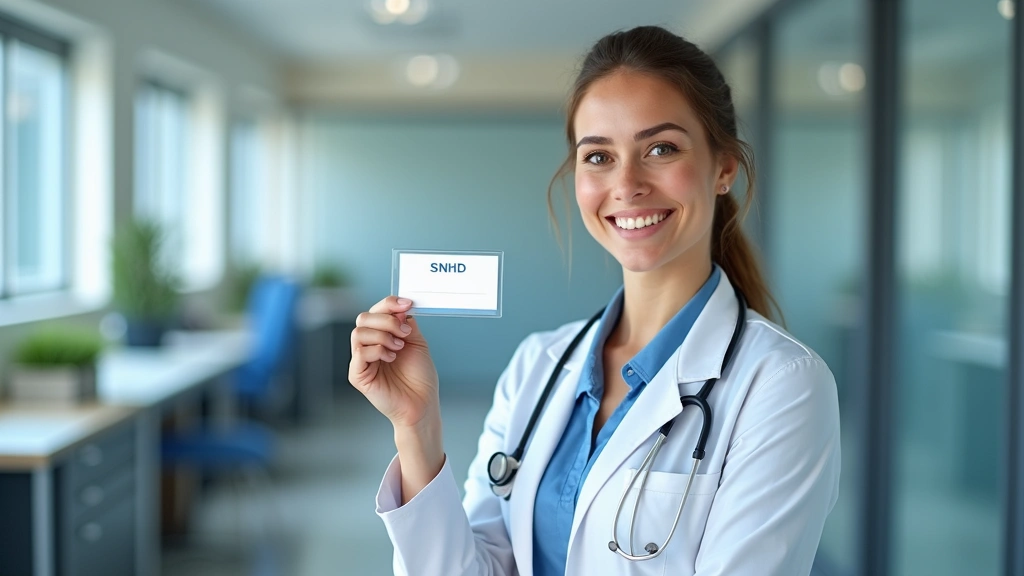 Female healthcare professional holding SNHD identification card in medical office, professional attire, modern healthcare fac