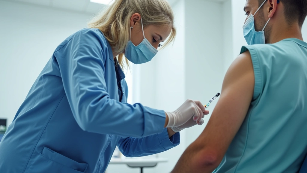 Professional healthcare worker administering vaccine injection to adult patient in modern medical clinic setting with blue me
