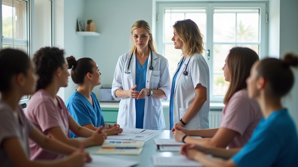 Public health nurse conducting health education session with diverse community members in bright, clean healthcare facility w