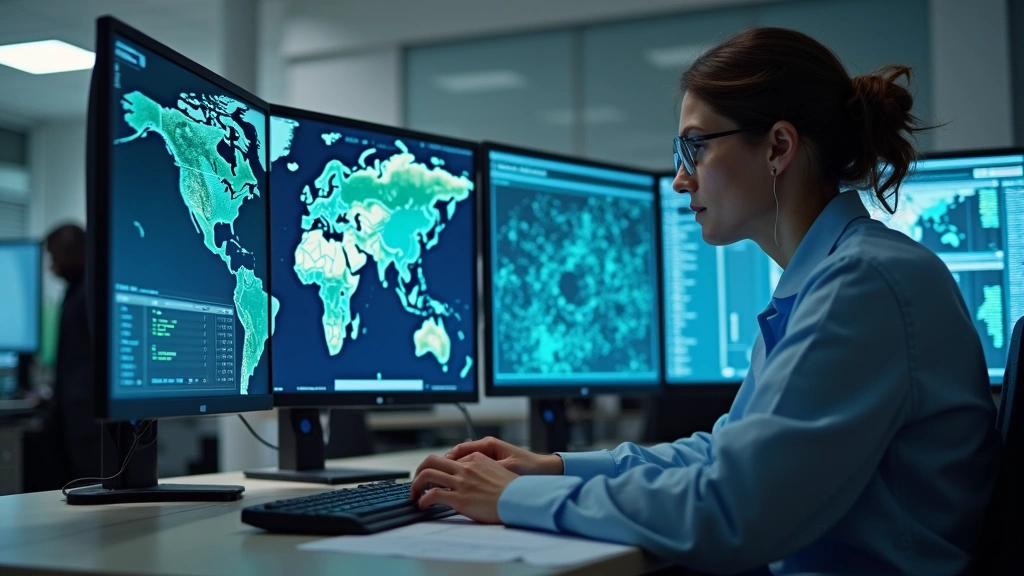 Disease surveillance specialist reviewing epidemiological data on computer in public health office with maps and health monit